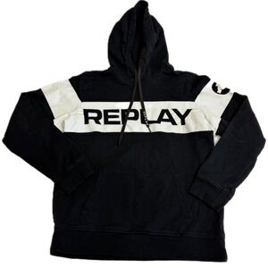 Replay Hoodie Mens Large Black White Colorblock Graphic Logo Cotton